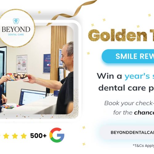 Illustration of a smiling lady passing a golden ticket to an anthropomorphic tooth character, representing Beyond Dental Care's Golden Ticket Smile Rewards promotion