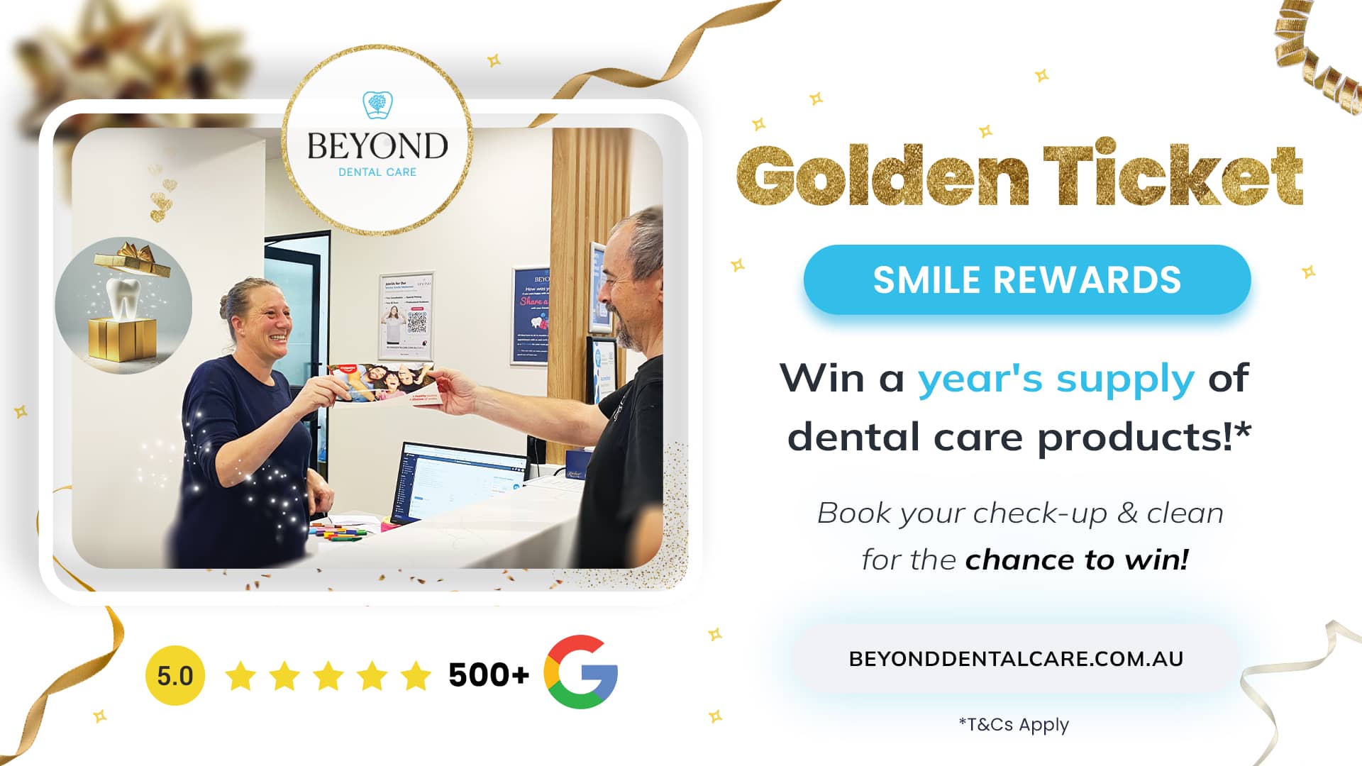 Illustration of a smiling lady passing a golden ticket to an anthropomorphic tooth character, representing Beyond Dental Care's Golden Ticket Smile Rewards promotion