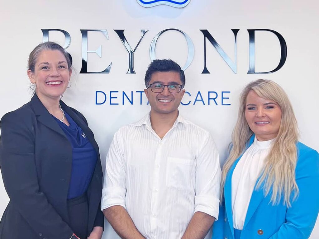Meet the Beyond Dental Care team. From letf to right: Sarah Armitage, with 20 years of experience in operations and healthcare. Dr. Mitesh Vasant, senior dentist committed to continuous learning. Emily Jackson, a certified dental assistant and experienced practice manager.